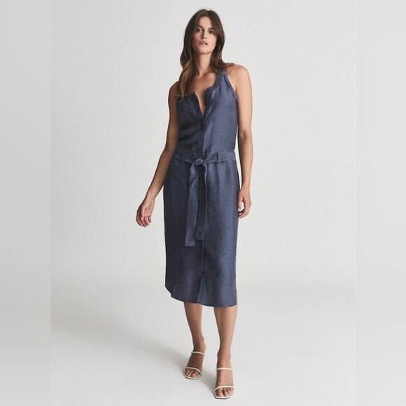 Reiss Hemp Linen Sleeveless Drop WaistShirt Midi Dress Navy  Size Small - Picture 7 of 13